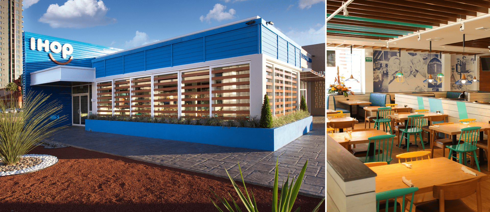 Ihop franchise building exterior on the left and interior on the right.